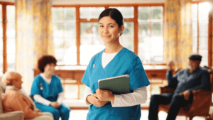 A senior care worker in blue scrubs holding a tablet while standing in a senior care community room.